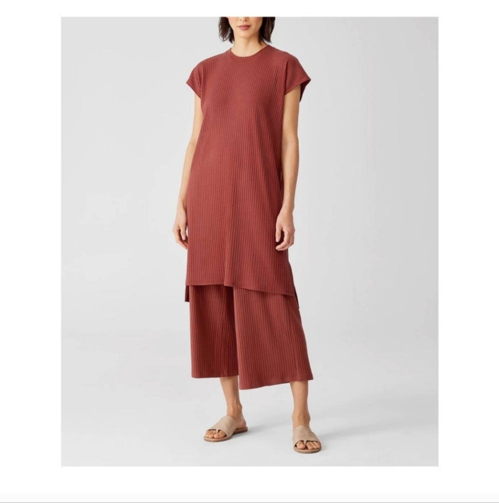 Eileen Fisher Terracotta Textured Stretch Rib Crew Neck Dress, M